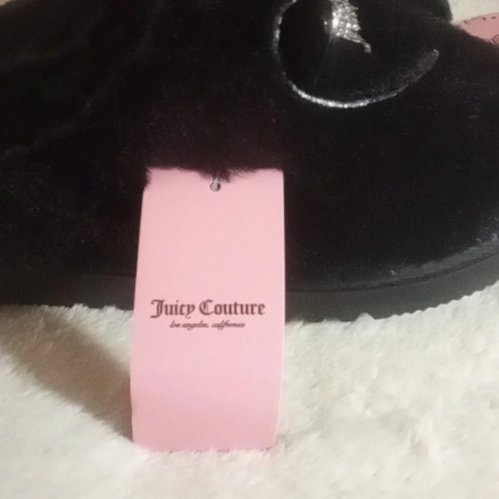 Juicy Couture Black + Silver Heart Kids Slippers Size 2-3 NWT